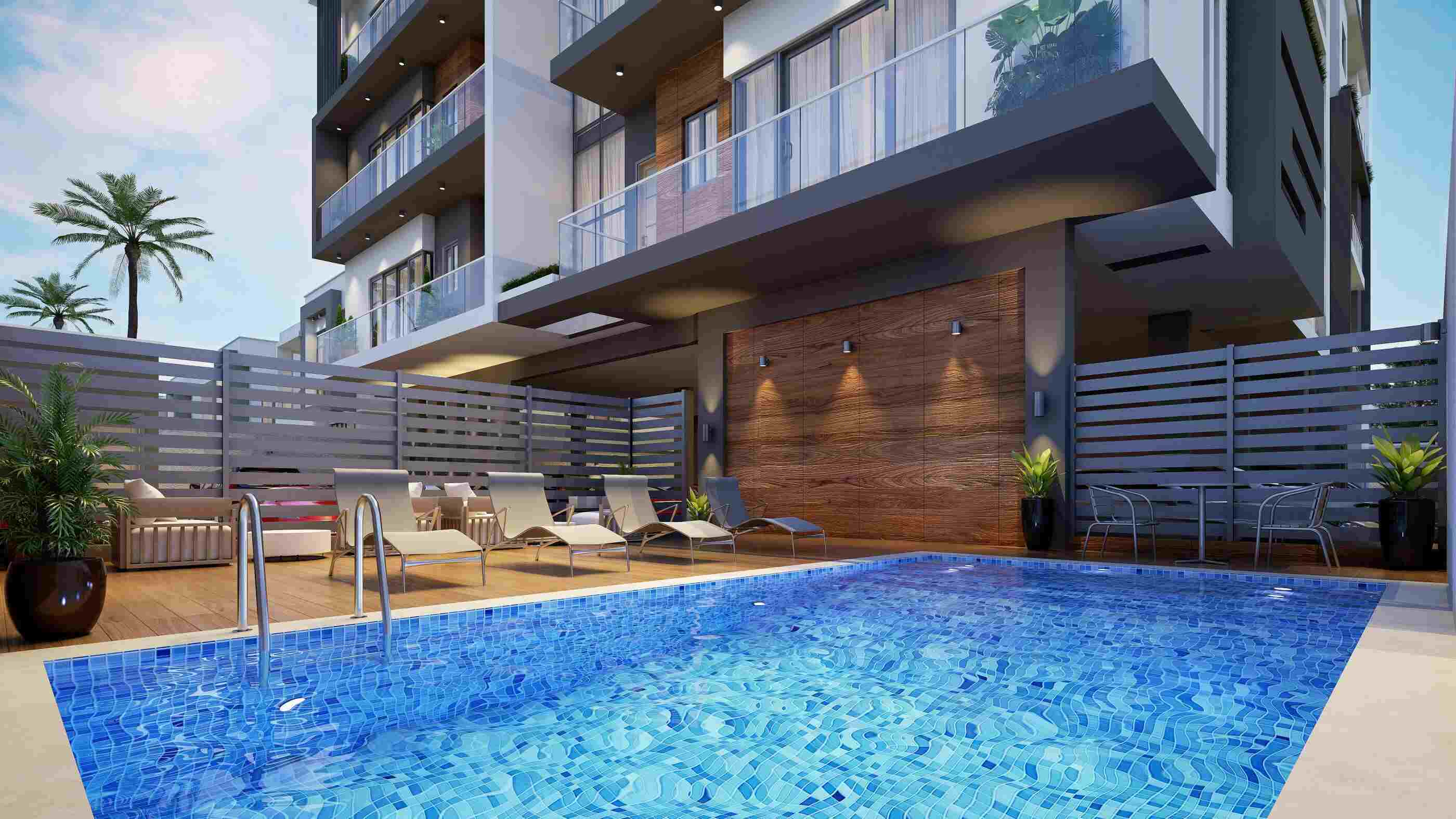 Outdoor swimming pool with clear blue water